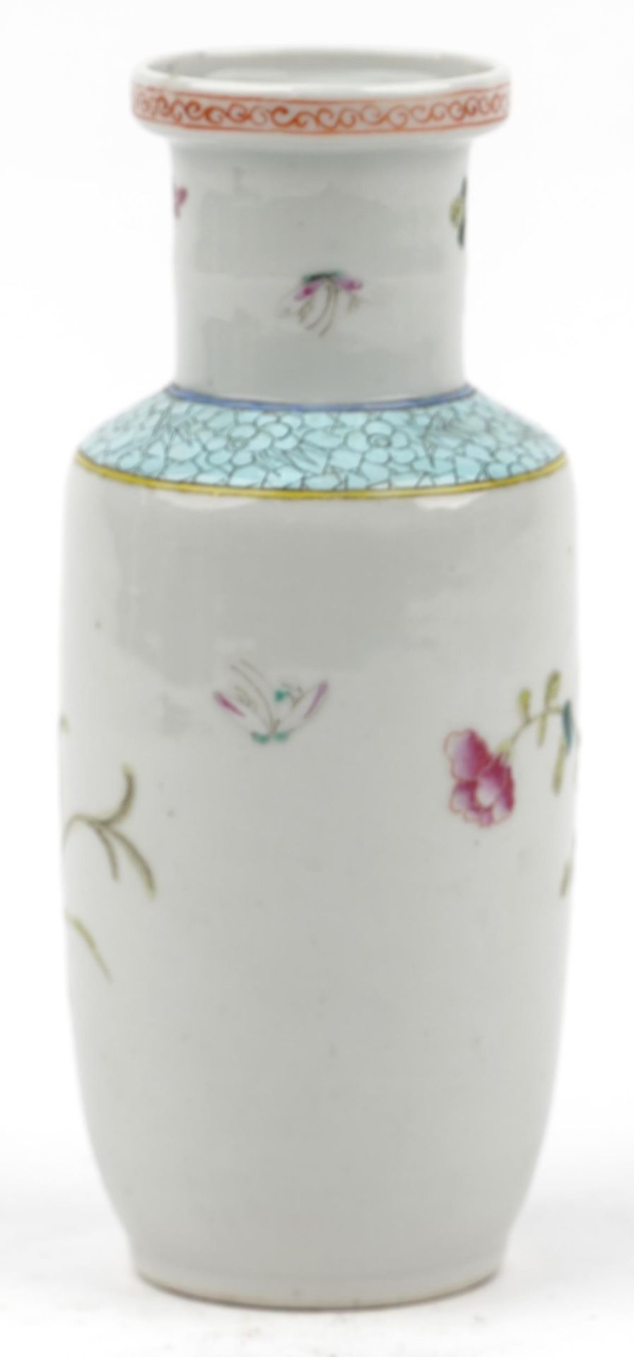 Chinese porcelain Rouleau vase hand painted in the famille rose palette with flowers, 20.5cm - Image 2 of 3