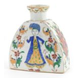 Turkish Ottoman pottery water flask hand painted with figures and stylised flowers, 17cm high :