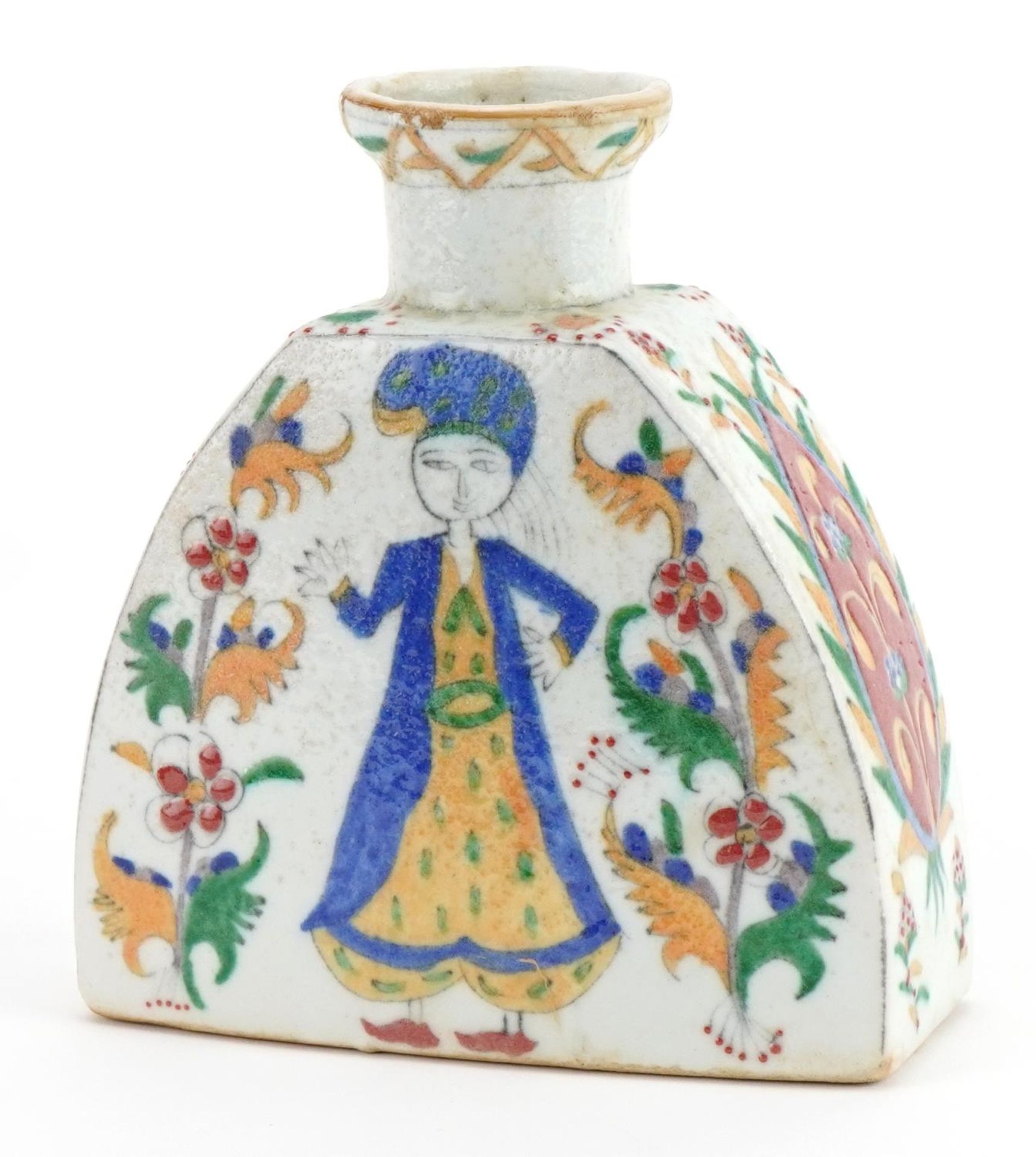 Turkish Ottoman pottery water flask hand painted with figures and stylised flowers, 17cm high :