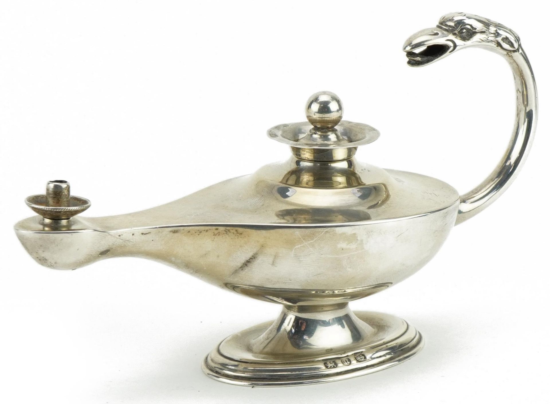 Victorian silver genie oil lamp with phoenix head handle, Birmingham 1894, 15cm in length, 113.