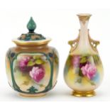 Two Royal Worcester vases hand painted with roses including a pot pourri example with pierced lid,