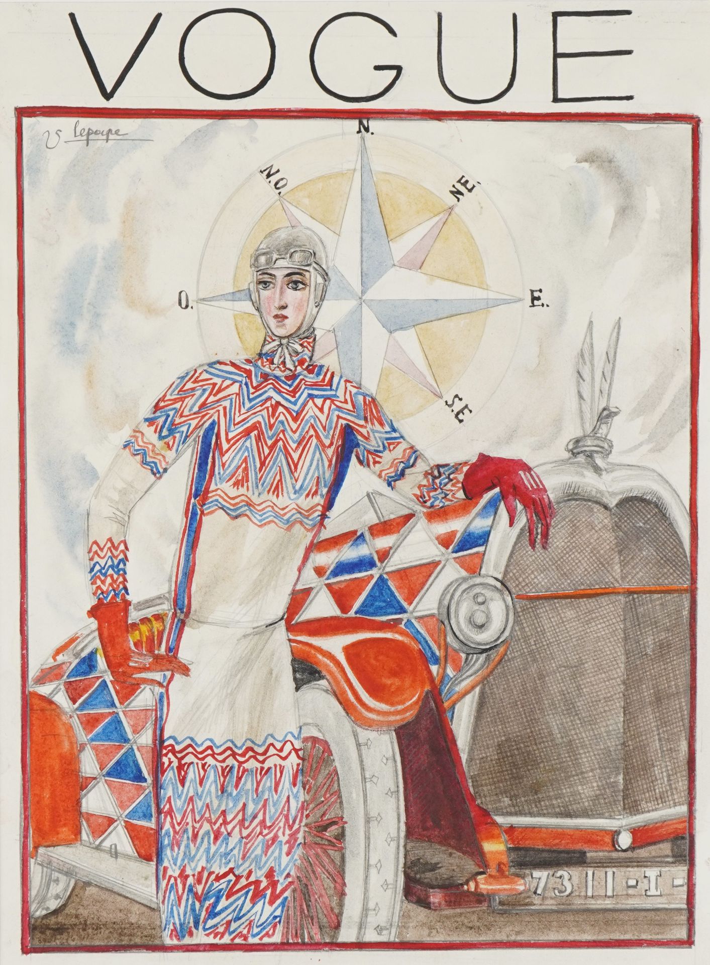 Georges Lepape - Vogue front cover, Sonia Delaunay before a classic car and compass, French