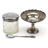 Silver objects comprising 800 grade and enamel souvenir teaspoon, pedestal bonbon dish and