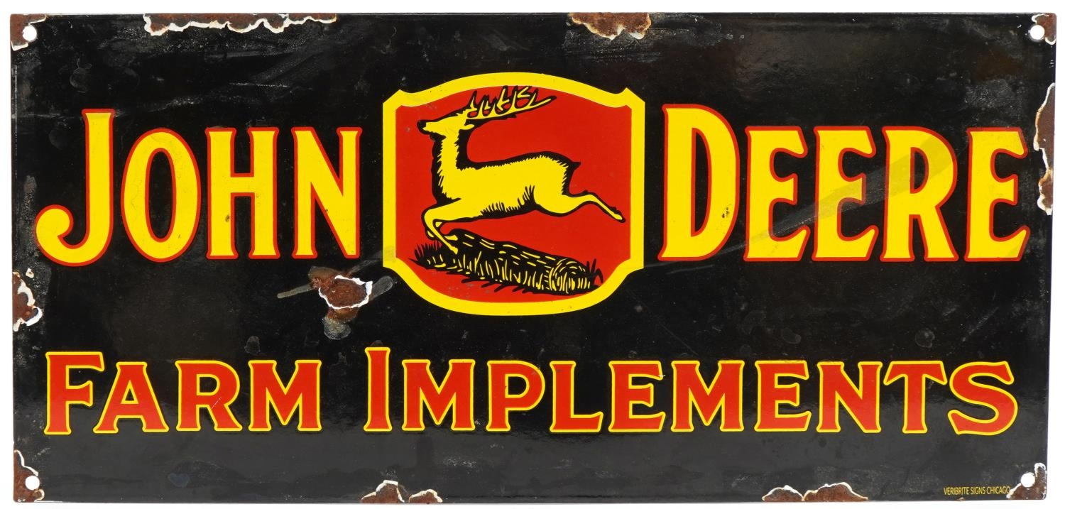 John Deere Farm Implements enamel advertising sign, 45cm x 21cm : For further information on this