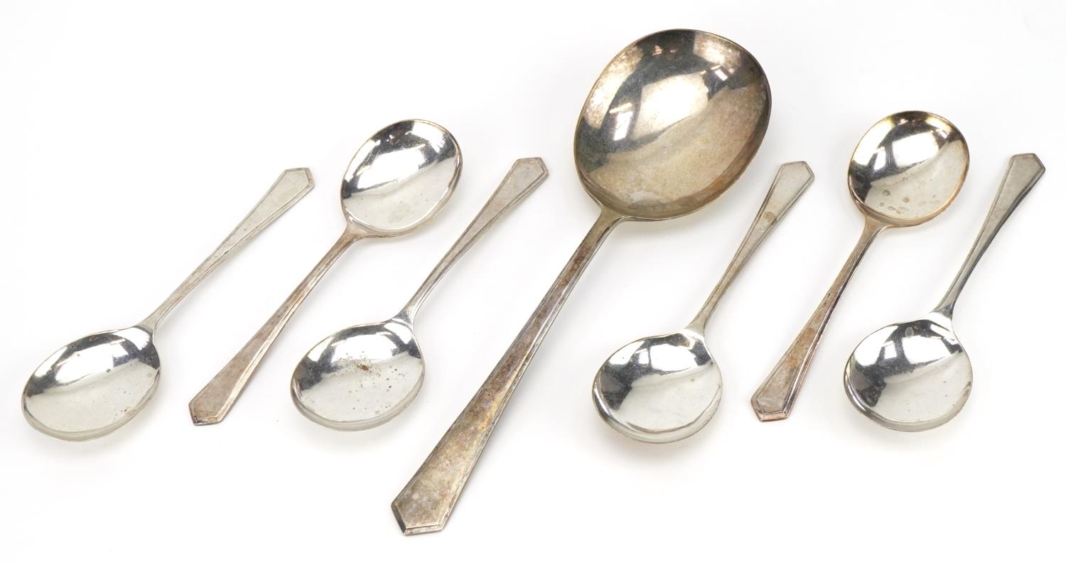 Set of George VI Art Deco style silver desert ice cream spoons and serving spoon, TG maker's marks