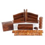 Woodenware including a pair of naval interest bookends and burr wood box with Dominoes, the