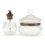 Cut glass atomiser with sterling silver top and cut glass powder pot cover with silver collar, the