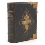 Large metal bound leather family holy bible with coloured plates and maps : For further