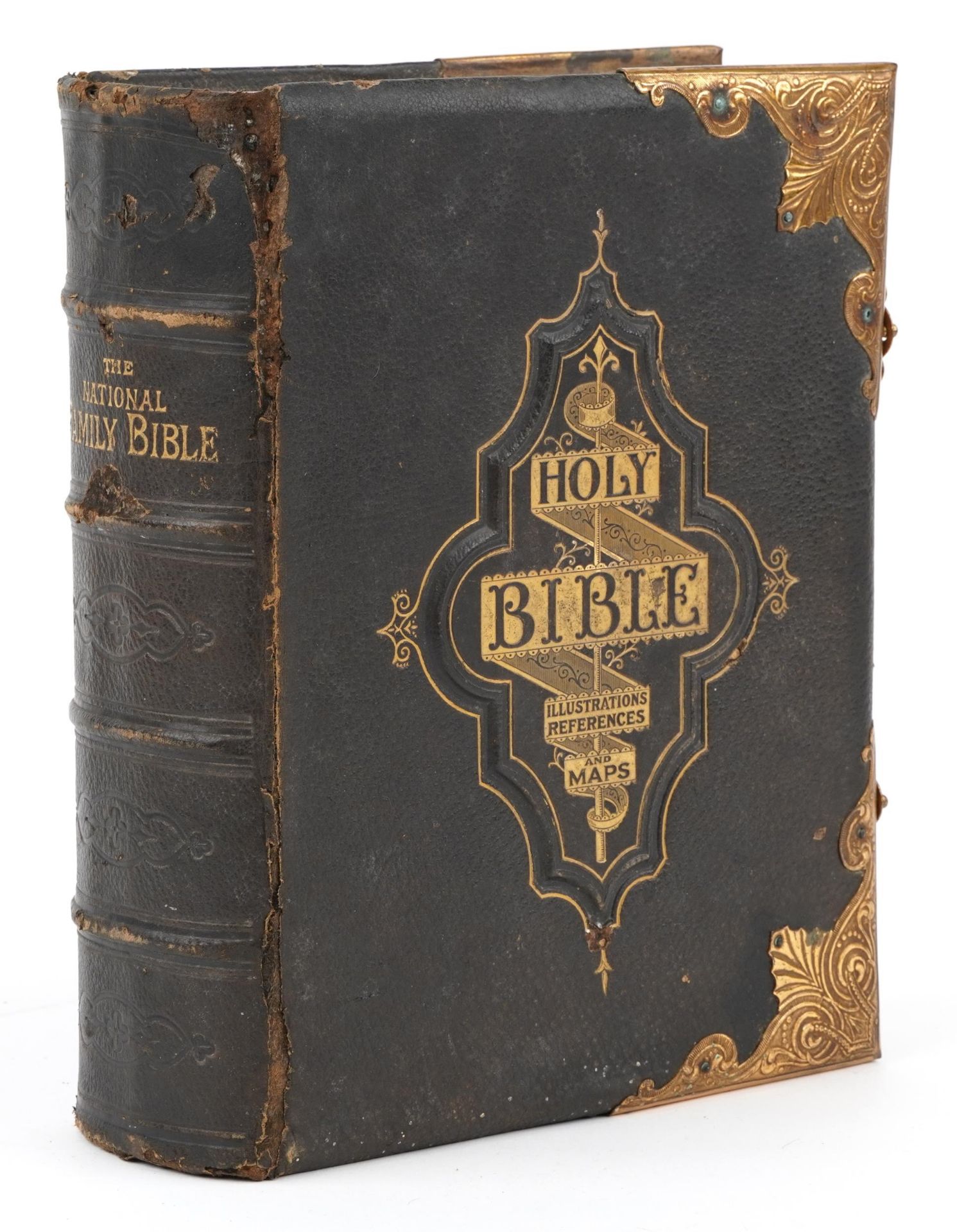 Large metal bound leather family holy bible with coloured plates and maps : For further