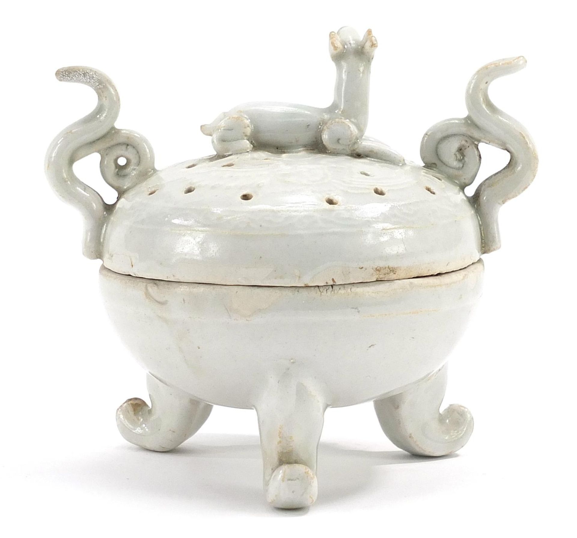 Chinese porcelain tripod censer and cover with twin handles and animal knop having a celadon - Image 2 of 3