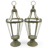 Pair of partially gilt metal hanging lanterns with glass panels, each 71cm high : For further