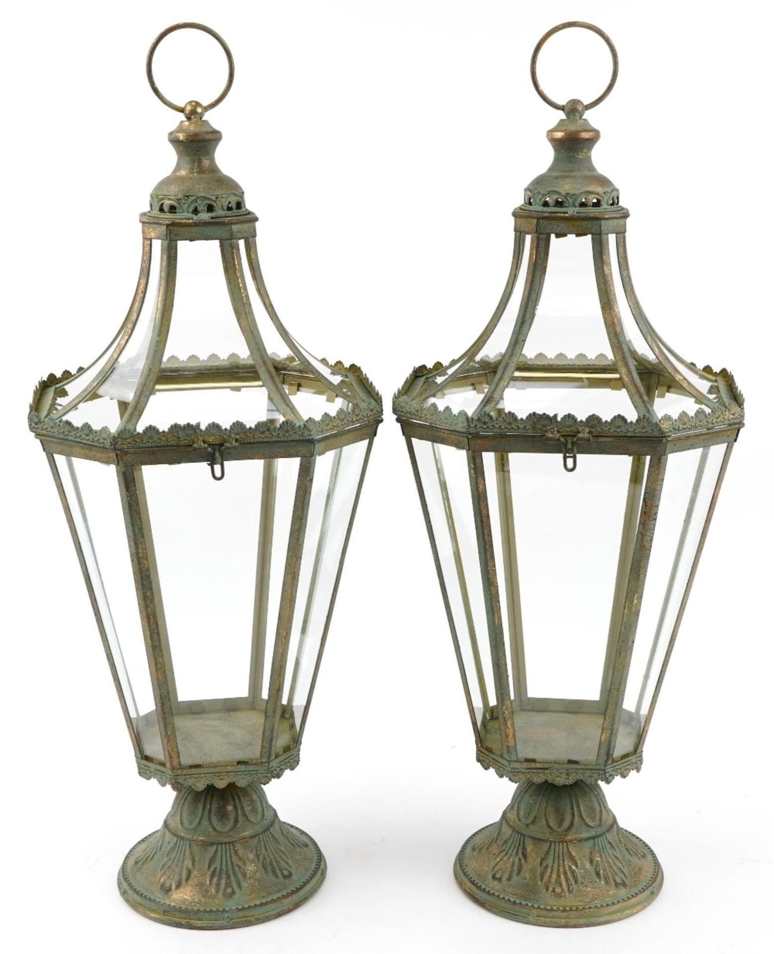 Pair of partially gilt metal hanging lanterns with glass panels, each 71cm high : For further