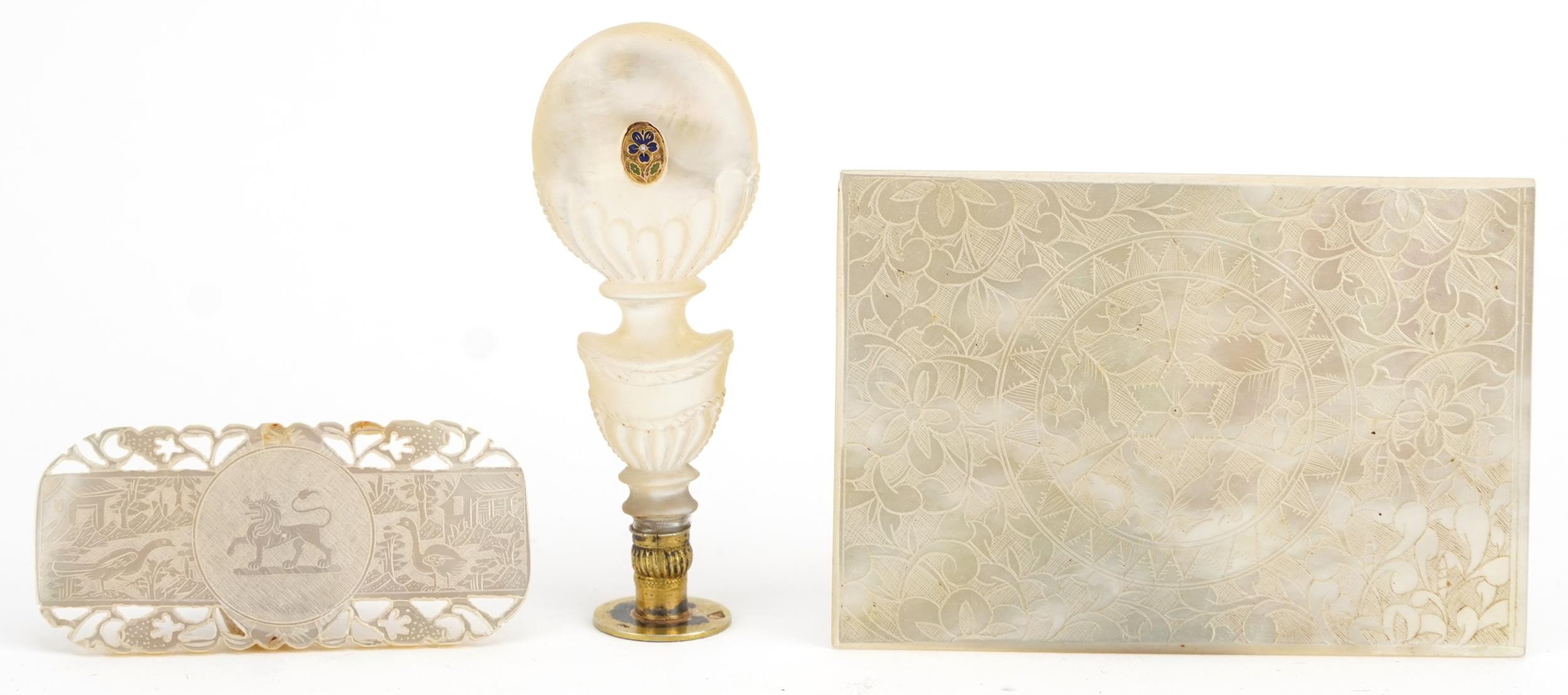 19th century and later mother of pearl including finely carved desk seal with inset brass and enamel