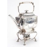 Henry Atkin, Victorian silver teapot on stand with burner raised on four pad feet, the teapot