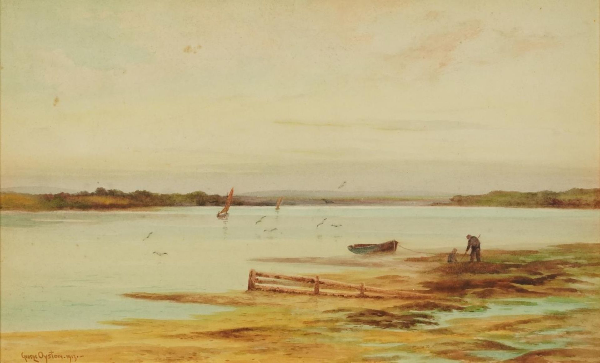 George Oyston 1913 - Moored fishing boat at low tide, early 20th century watercolour, chalk marks