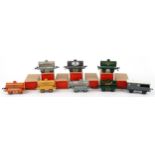Eight Hornby model railway O gauge tinplate wagons and tankers : For further information on this lot