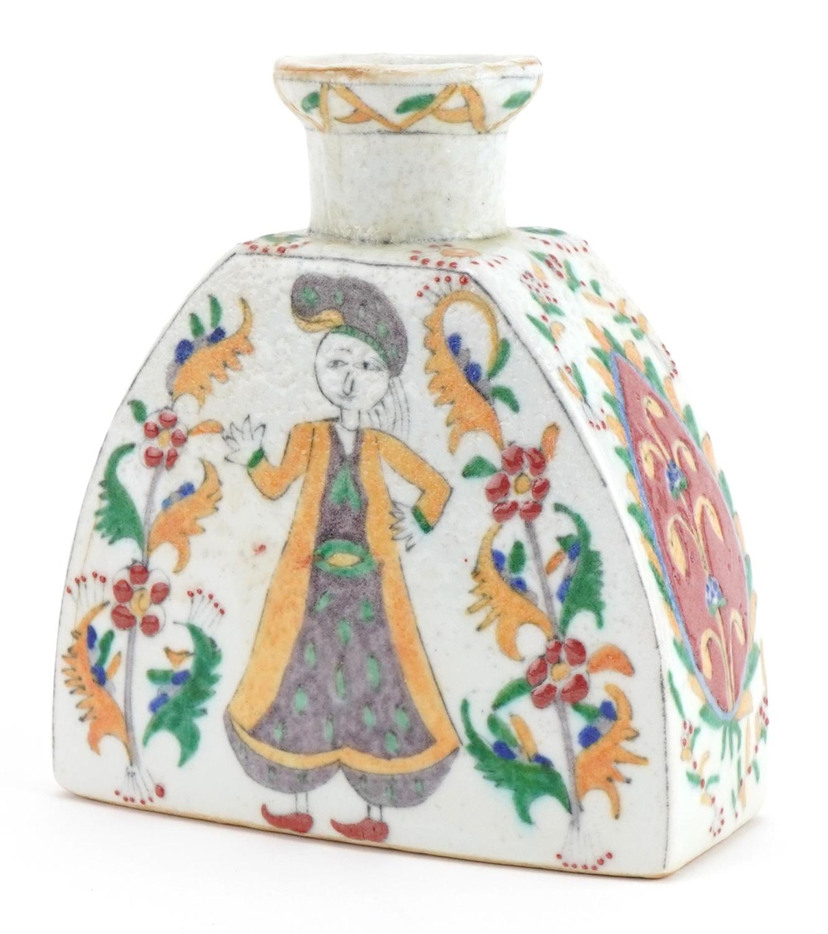 Turkish Ottoman pottery water flask hand painted with figures and stylised flowers, 17cm high : - Image 2 of 3