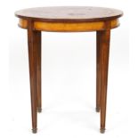 Inlaid mixed wood centre table raised on square tapering legs, 73.5cm high x 68cm in diameter :