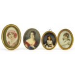 Four oval portrait miniatures including an Italian school example hand painted with a female wearing