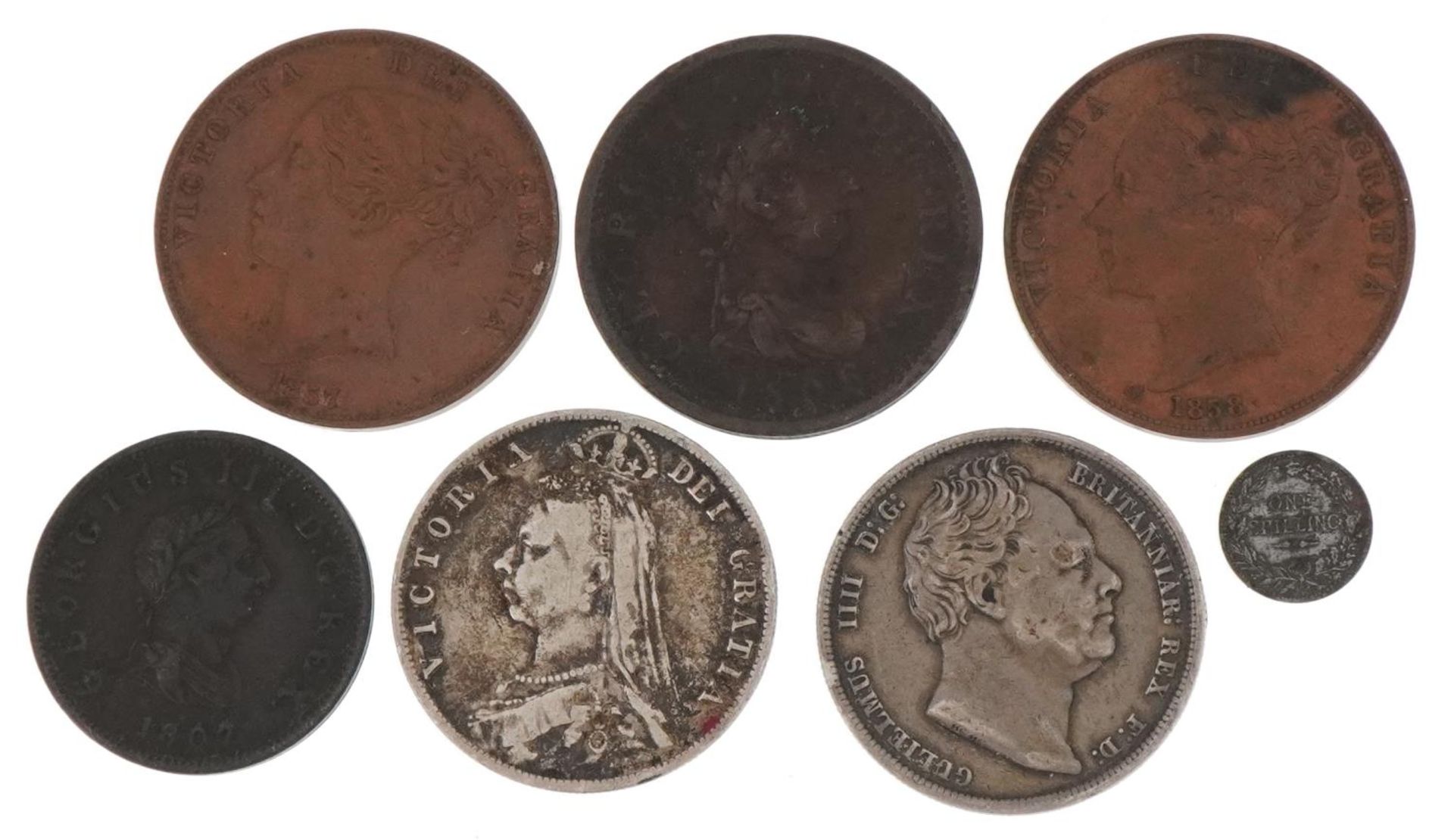 George III and later British coinage comprising 1806 penny, 1807 half penny, 1836 half crown, 1891 - Image 2 of 2