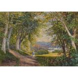 Manner of George Price Boyce - Wooded landscape with figure carrying twigs, heightened