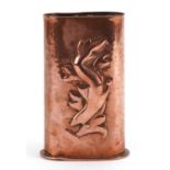 Manner of Newlyn, Arts & Crafts planished copper vase embossed with a stylised fish, 13cm high : For