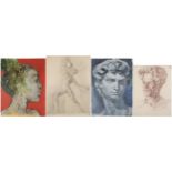 Portraits and full length nude male, four oil and pencil drawings, two indistinctly signed, each