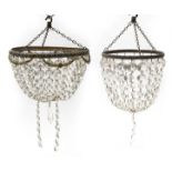 Two brass bag chandeliers with cut glass drops, the largest 26cm in diameter : For further