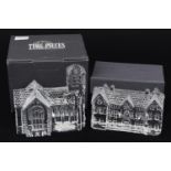 Two Waterford Crystal buildings with boxes comprising village church and school, the largest 10cm