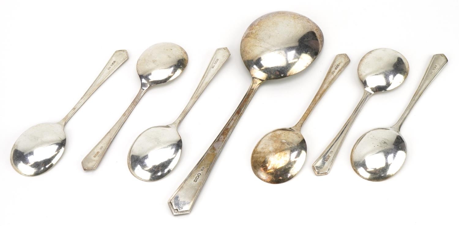 Set of George VI Art Deco style silver desert ice cream spoons and serving spoon, TG maker's marks - Image 2 of 3