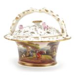 Early 19th century Chamberlain's Worcester floral encrusted pot pourri basket and cover hand painted