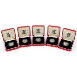 Five United Kingdom silver proof piedfort one pound coins by The Royal Mint with certificates and