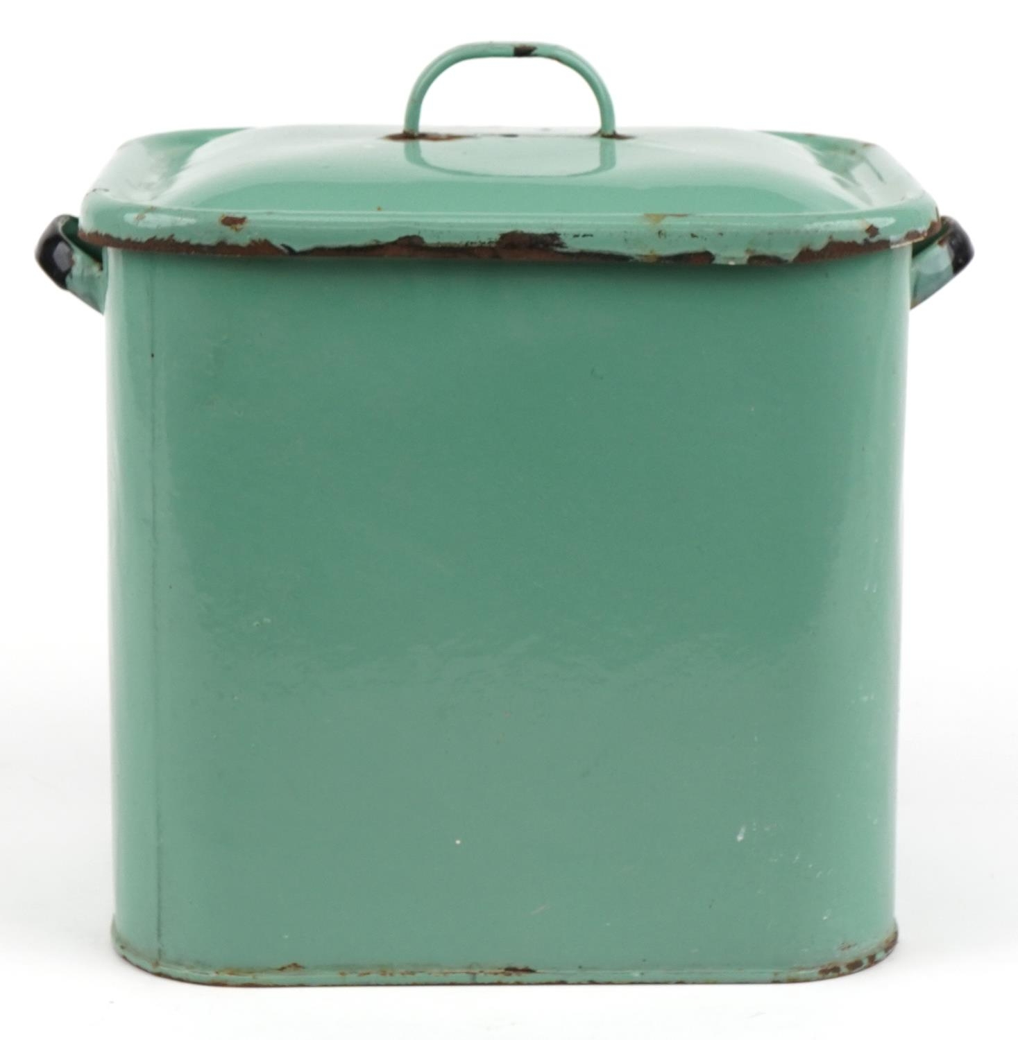 Vintage green enamelled metal bread bin and cover, 33cm H x 34cm W x 25cm D : For further - Image 2 of 3