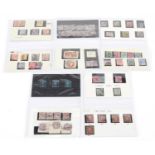Collection of Victorian stamps arranged on several cards including Penny Reds : For further
