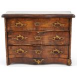 Antique French apprentice serpentine front three drawer chest with gilt metal mounts, 24cm H x 33.