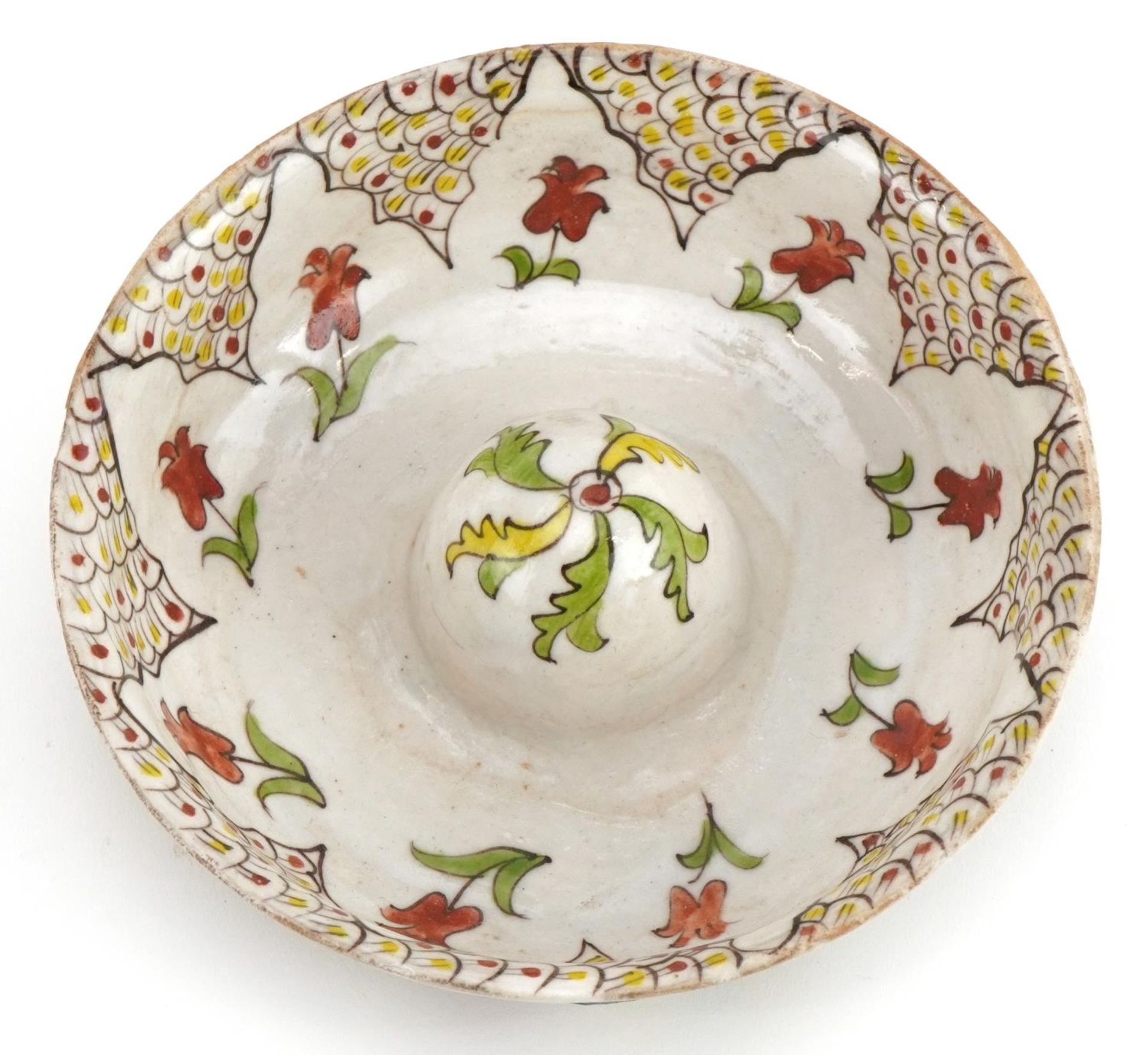 Turkish Kutahya pottery lemon juicer hand painted with stylised flowers, 16cm in diameter : For - Image 3 of 4