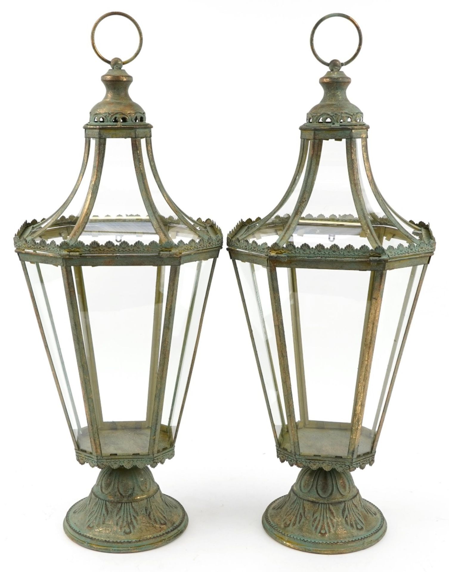 Pair of partially gilt metal hanging lanterns with glass panels, each 71cm high : For further - Image 2 of 3