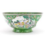 Chinese Canton enamel footed bowl hand painted with panels of figures in a palace setting and