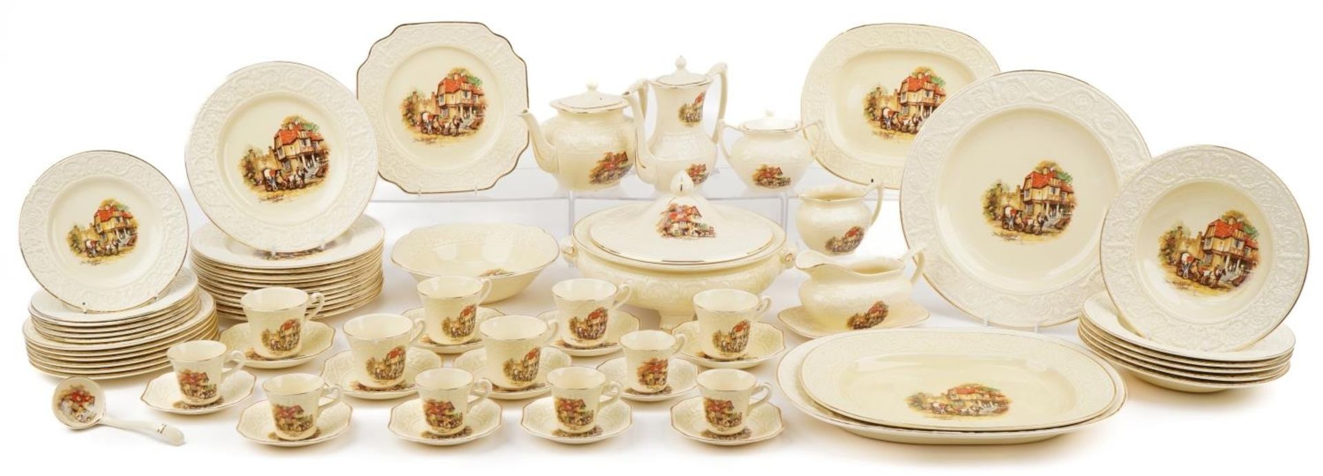 Crown Devon Coaching Days dinner and teaware including lidded tureens, graduated set of three meat