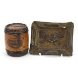 Military interest trench art ashtray and a Mauchline War barrel money box with view of Rothesay West