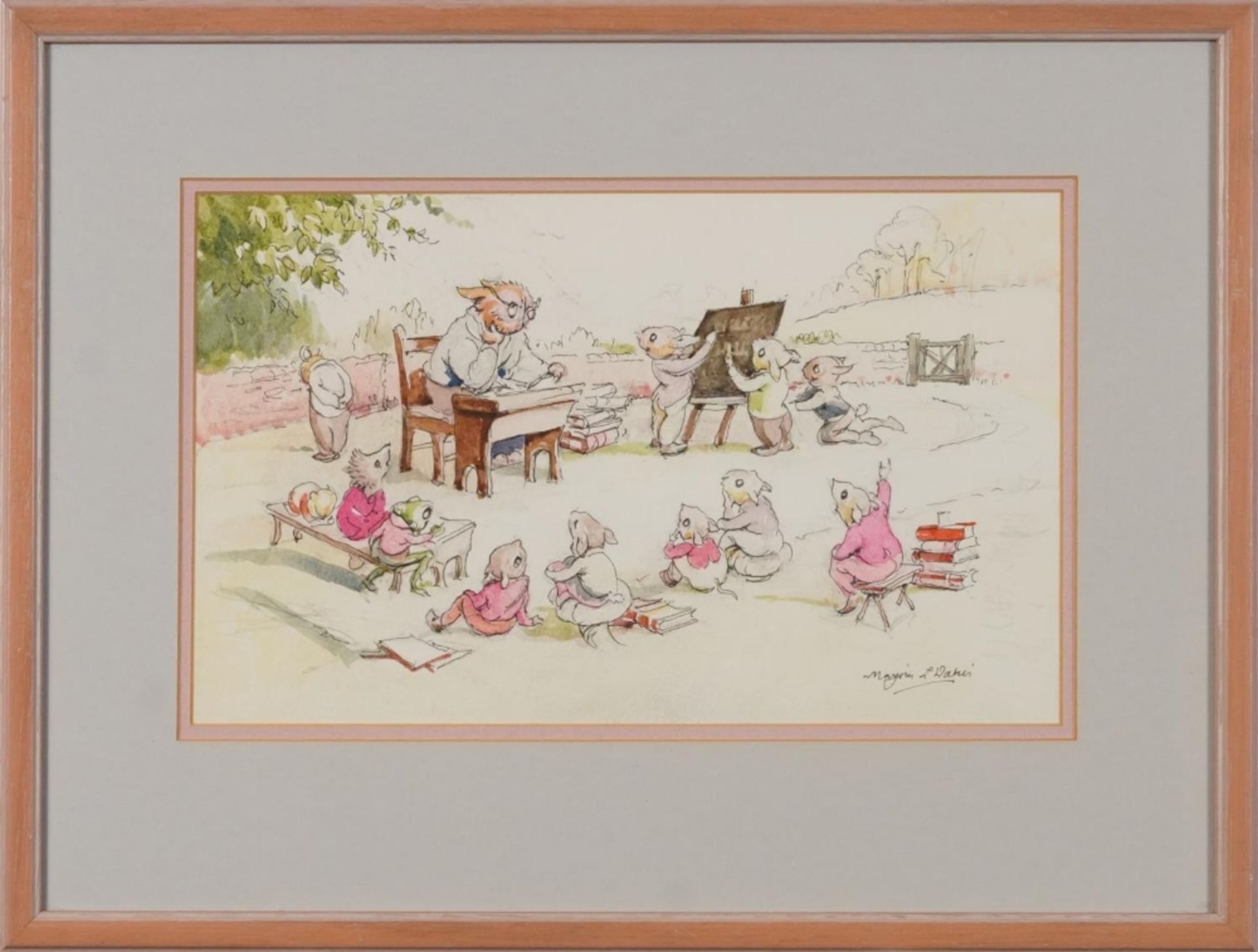 Marjorie Davis - Rabbits in an interior and garden scene, pair of comical ink and watercolours, each - Bild 3 aus 11