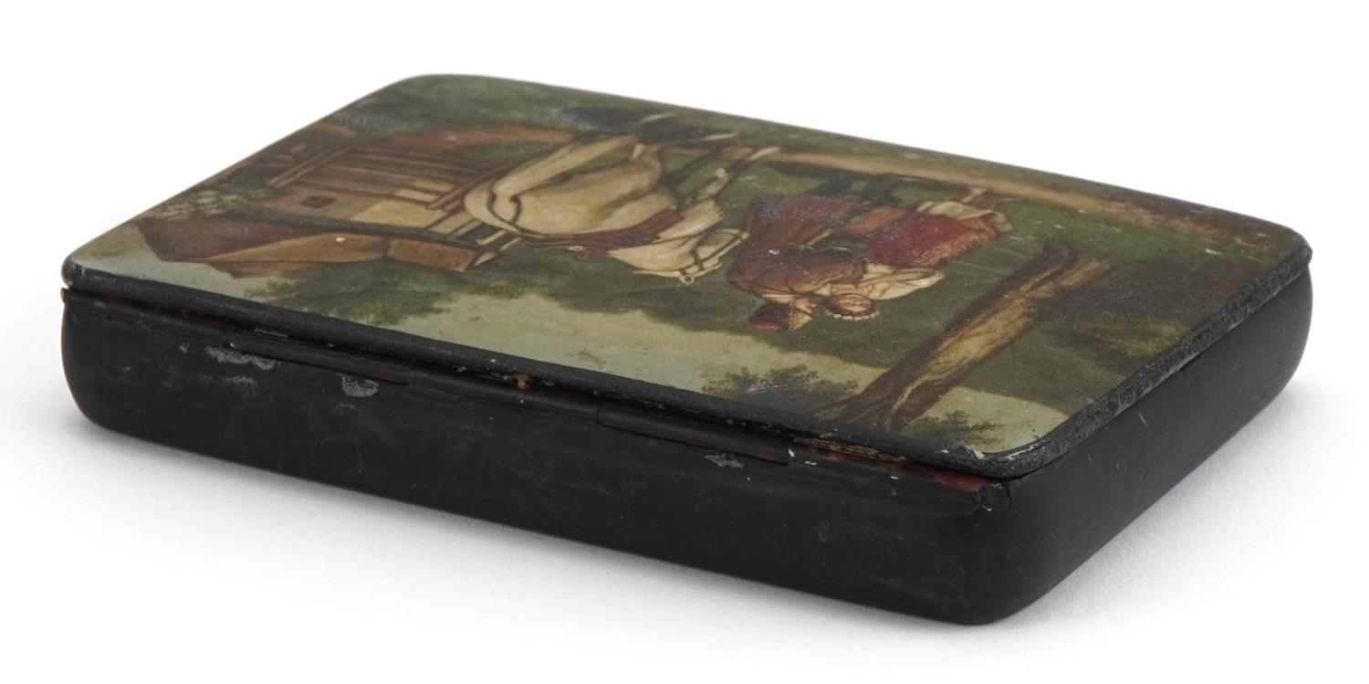 Russian papier mache lacquered cigarette box with hinged lid, hand painted with a Cossack and - Image 3 of 5