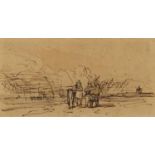 David Cox - Figures and donkey before a landscape, 19th century pen and ink, inscribed to the mount,