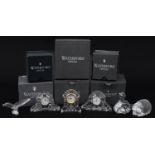 Waterford Crystal with boxes comprising three mantle clocks, hedgehog paperweight, butterfly