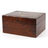 Victorian inlaid ebony and burr wood writing slope workbox with tooled leather insert and letter