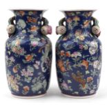 Pair of Chinese porcelain blue ground vases decorated in relief with fruit hand painted with