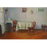 Interior scene, Russian school oil on card, inscribed in Cyrillic verso, framed, 34.5cm x 23.5cm