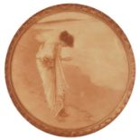 Female on a beach, Pre-Raphaelite circular sanguine print, glazed, housed in a wood frame, 51cm in