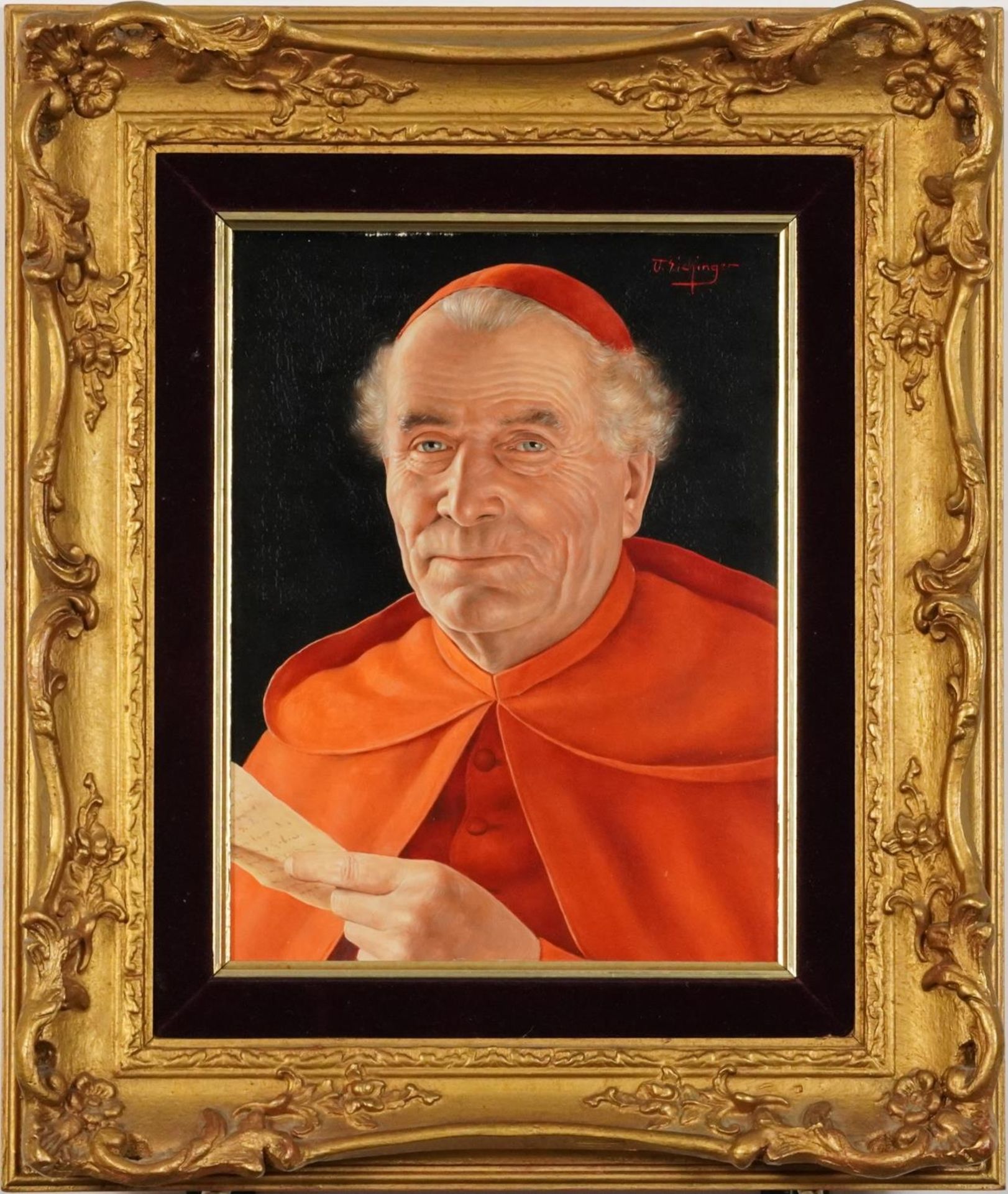 Otto Eichinger - Portrait of a cardinal holding a document, Austrian oil on board, mounted and - Image 2 of 4