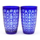 Pair of Bohemian blue flashed cut glass vases etched with flower heads, 26cm high : For further